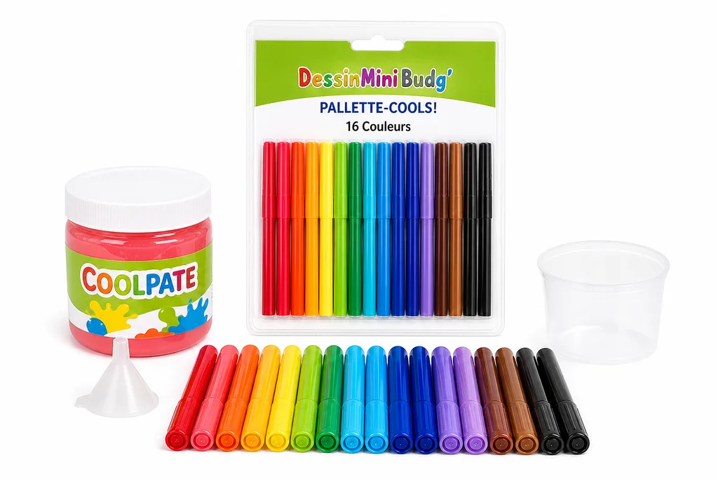 Le kit PALLETTE-COOLS avec la pâte COOLPATE, les feutres et l’entonnoir