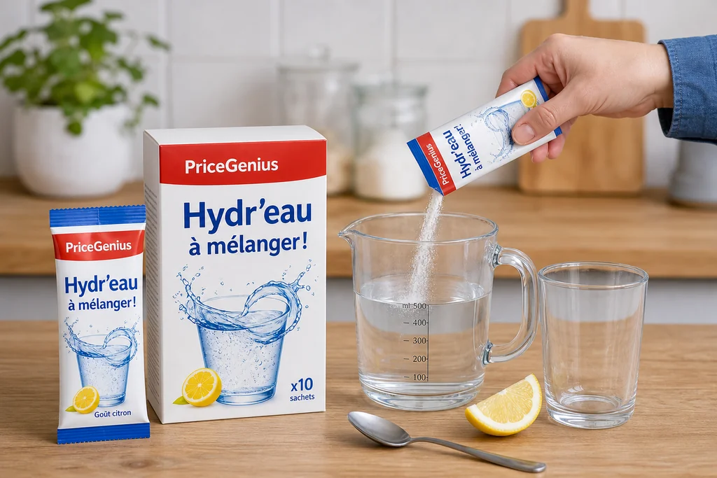 Présentation des sachets Hydr’eau à mélanger de PriceGenius et du verre doseur